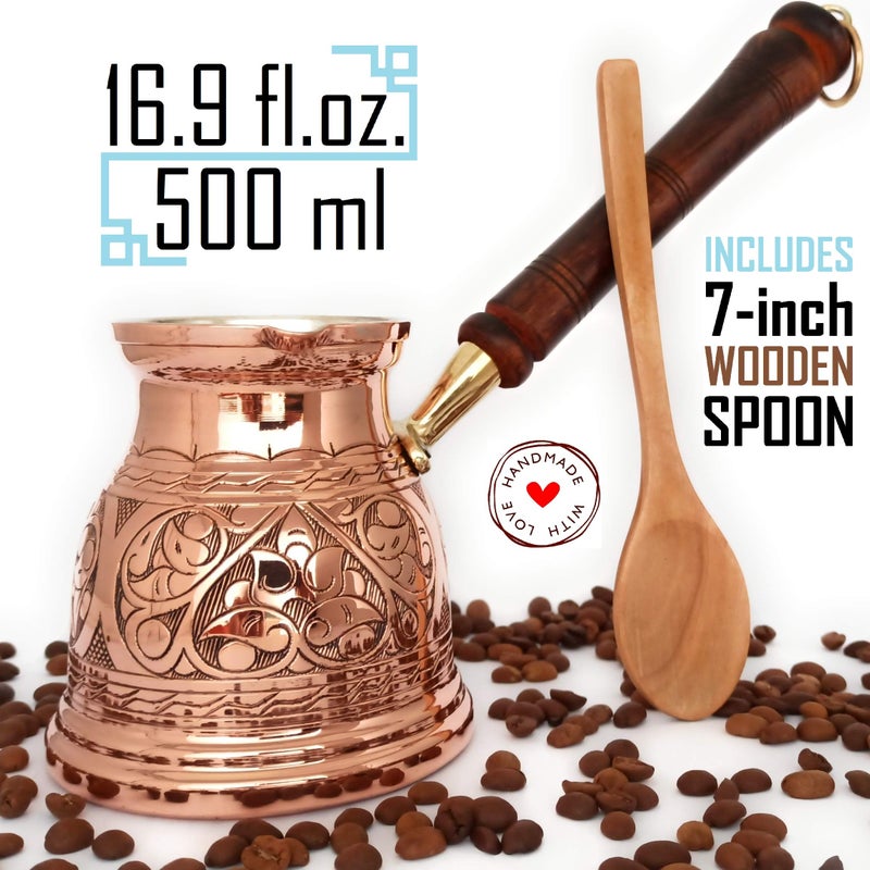 DEDE Copper - IST Series (XLarge-16.9 floz) - Thickest Solid Copper Engraved Turkish Greek Arabic Coffee Pot with Wooden Handle, Stovetop Coffee Maker Cezve, Jezve, Jazva, Jazzve, Ibrik, Briki (Shiny) - Image 2